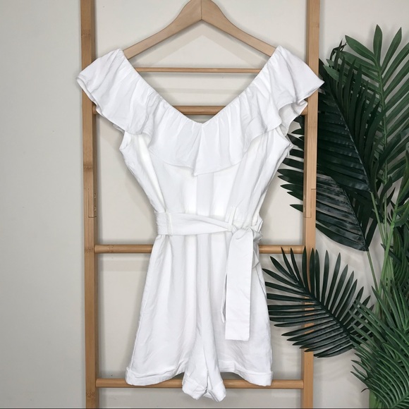 SOLD Zara White Frill Ruffle Linen Blend Romper S - Picture 2 of 12